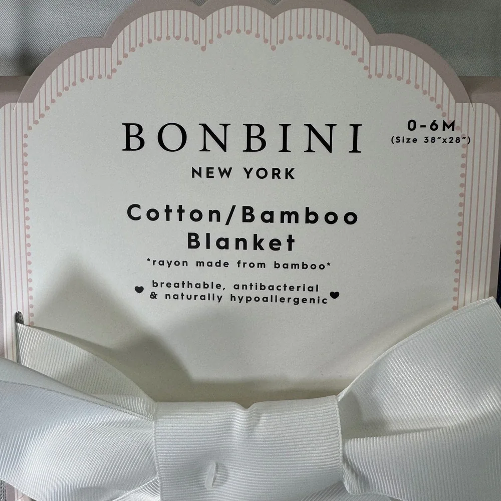BONBINI New York Cotton Bamboo Baby Blanket‎ Blue Floral Bow Knit 0-6 Months